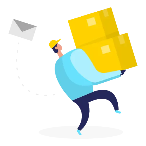 Person in yellow cap and blue shirt carrying two yellow boxes, with a floating envelope behind them on a blue background.